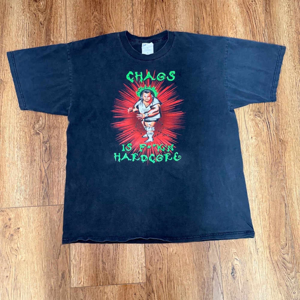 Vintage Chaos Hardcore Wrestling Graphic T-Shirt Black Mens XL Double Sided